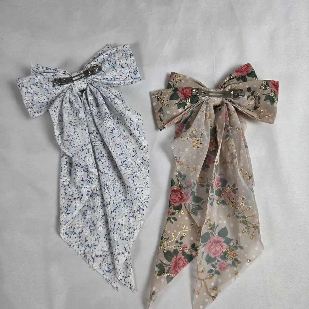 2 Vtg Floral Scarf Fabric Hair Bow Clip Tan Pink & White Blue Pastels